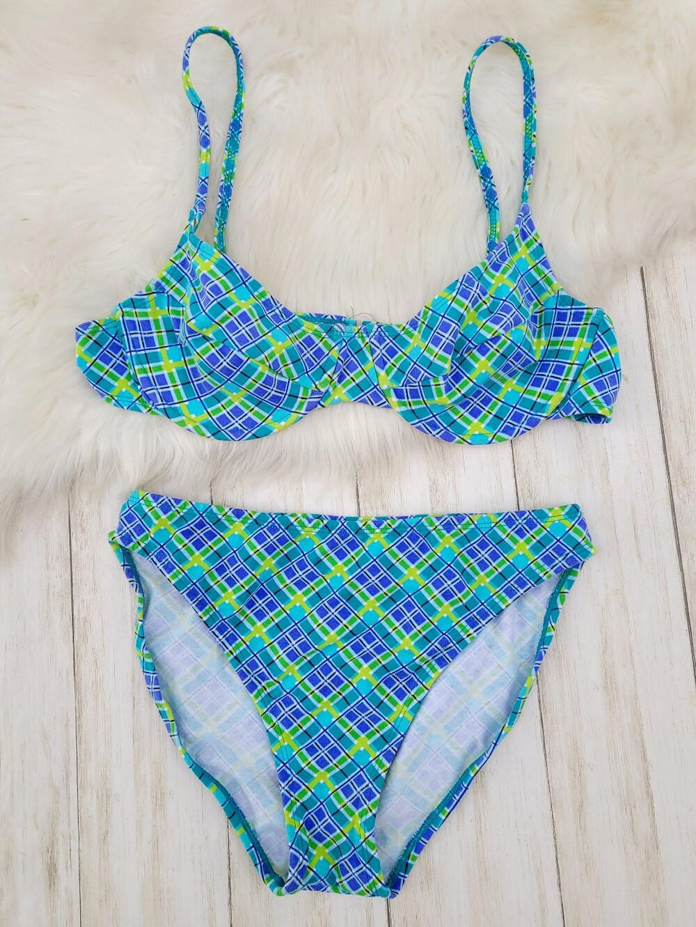 Bermuda Beachwear Vintage 90s Plaid Bikini Set High Waist Two Piece Swimsuit M/L